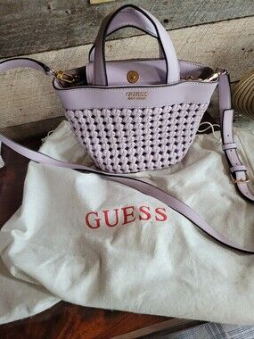 GUESS Sicilia Mini Tote Crossbody Bag Lilac Purple Woven Basket Straw Style